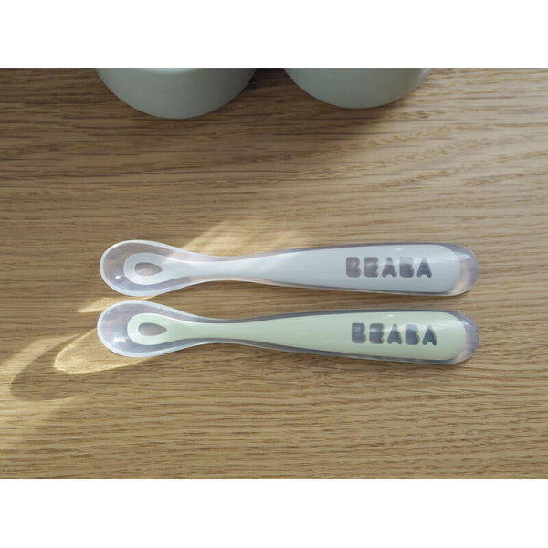Beaba 1st Stage Silicone Spoon Travel Twin Set (with Case) - Velvet grey/ Sage