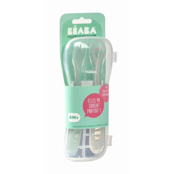 Beaba 1st Stage Silicone Spoon Travel Twin Set (with Case) - Velvet grey/ Sage