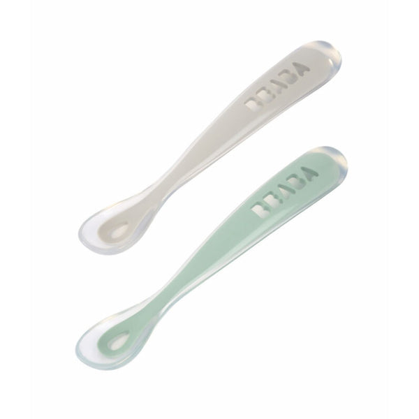 Beaba 1st Stage Silicone Spoon Travel Twin Set (with Case) - Velvet grey/ Sage