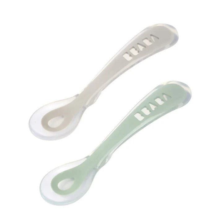 Beaba 2nd Stage Silicone Spoons & Case (2 Pack) - Velvet Grey/Sage Green
