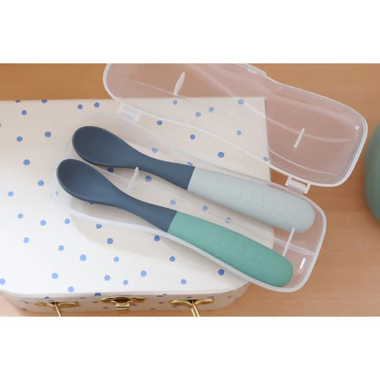 Beaba 1st Stage Silicone Spoons Two-tone Travel Set with Case - Mineral/Sage Green