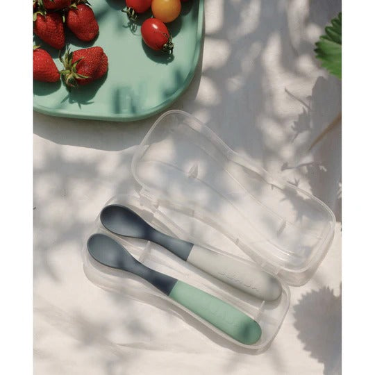 Beaba 1st Stage Silicone Spoons Two-tone Travel Set with Case - Mineral/Sage Green