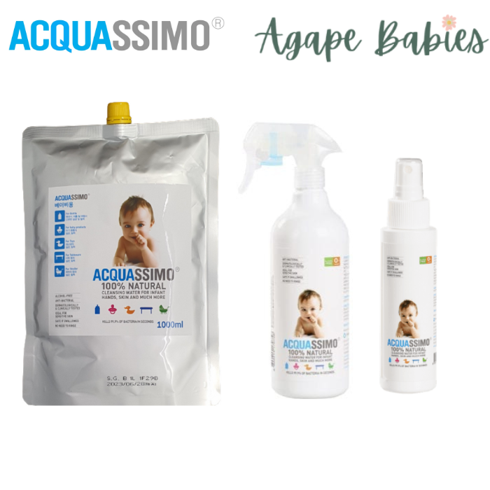 Acquassimo 100% Natural Alcohol-Free Sanitiser For Baby [Super Family Bundle 1 x 1000ml Refill + 1 x 500ml +1 x 100ml]