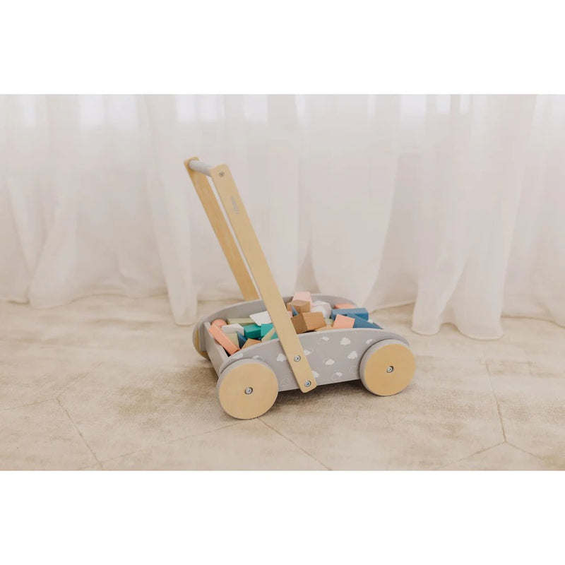 Bubble Wooden Baby Push Cart & Walker with 45 Building Blocks