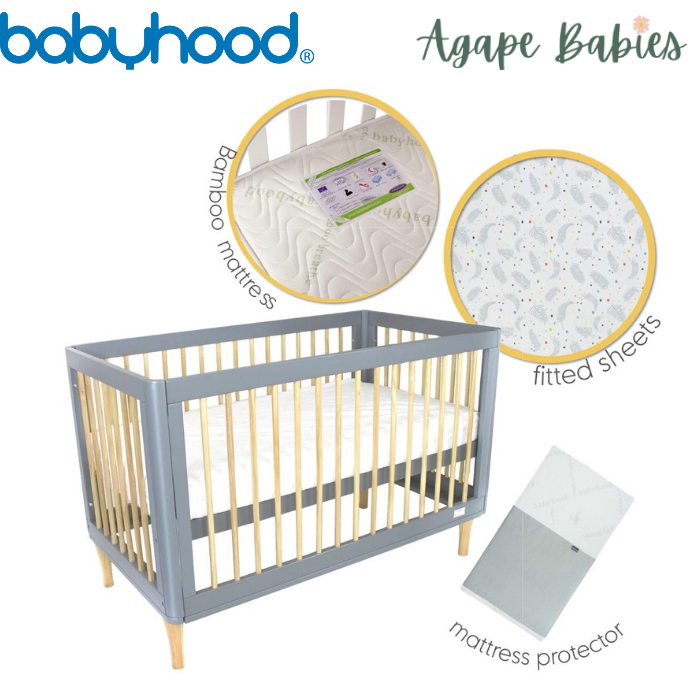 (1 yr warranty) Babyhood Riya Cot 5-in-1 Beech/Grey + Bamboo Innerspring - (Bundle Pack)