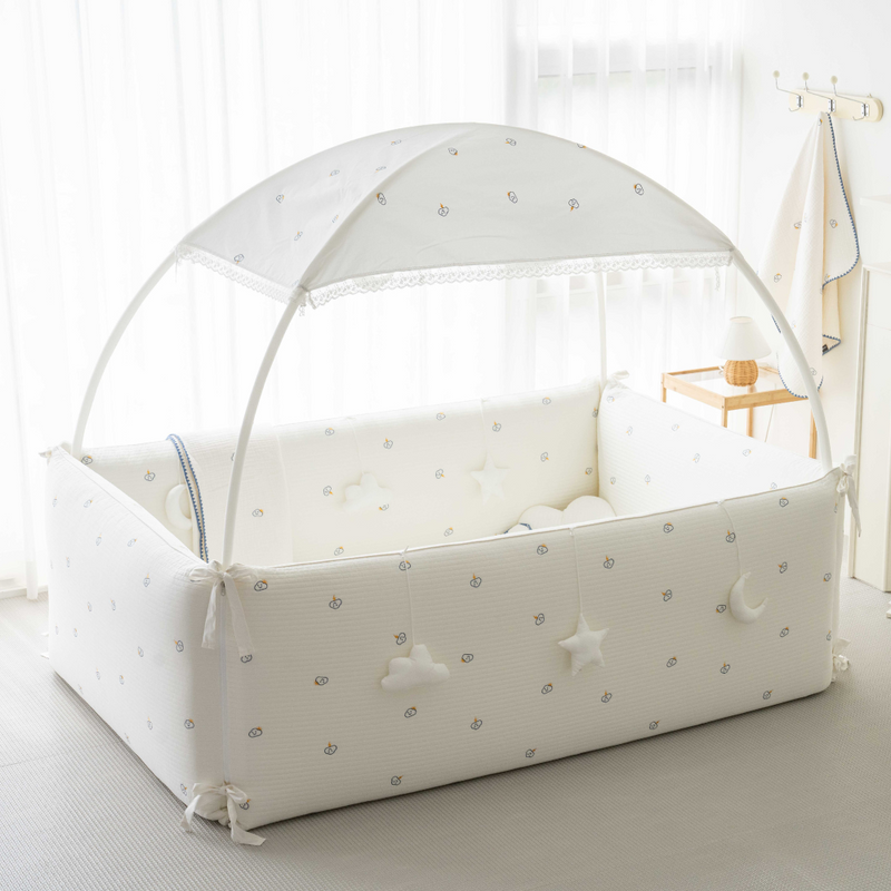 Lolbaby Cotton Embroidery Bumper Bed with Hanging Toy and Canopy (170x120x55cm) (Bundle Pack) - FOC Mattress 130 x 60 cm