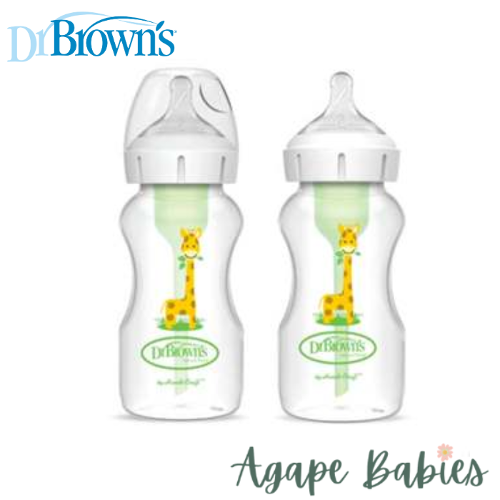 Dr Brown's 9oz/270 mL PP Wide-Neck Anti-Colic Options+ Baby Bottle, w/L2 Nipple, Giraffe, 2-pack