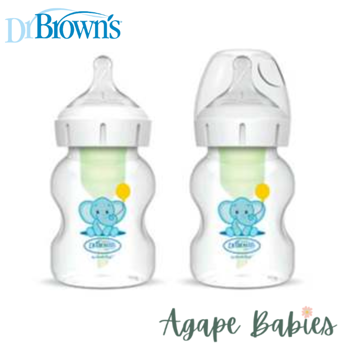 Dr Brown's 5 oz/150 mL PP Wide-Neck Anti-Colic Options+ Baby Bottle, Elephant, 2-Pack