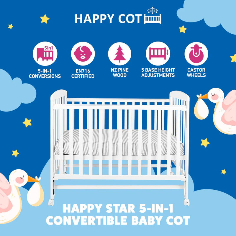 [1 Year Local Warranty] Happy Cot Happy Star 5-in-1 Convertible Baby Cot
