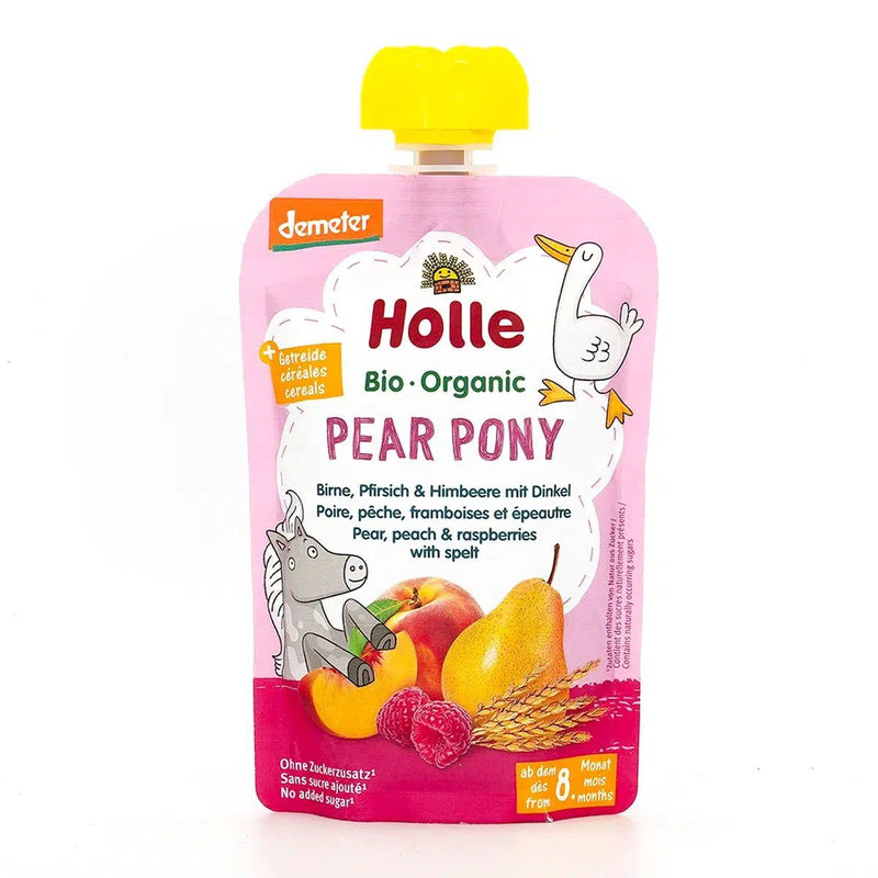 (Bundle of 6) Holle Organic Pouch - Pear Pony - Pear, Peach & Raspberries with Spelt 100g - From 8 Months