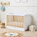 Tutti Bambini Riley Mini Cot Bed with Drawer Maple Oak/White + Foam Cot Mattress (60X120cm) - Bundle Pack
