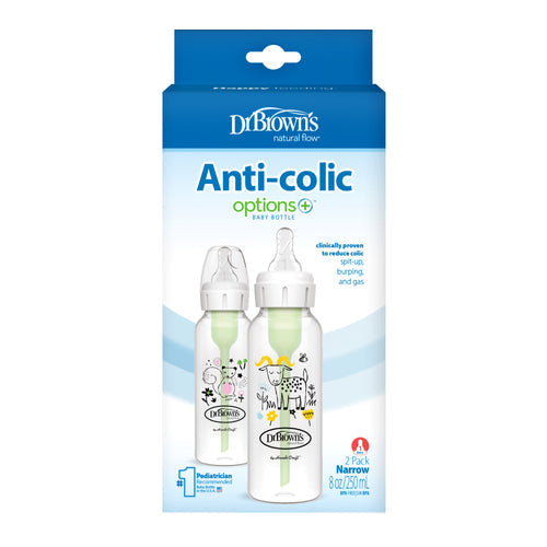 Dr. Brown’s Anti-Colic Options+™ Narrow Baby Bottle 8oz/250mL,Squirrel/ Goat, 2-Pack