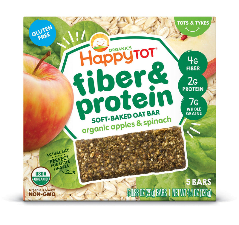 Happy Family Happy Tot Fiber & Protein Soft-Baked Oat Bar - Apple & Spinach, 5 x 25 g. Exp: 03/25