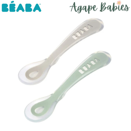 Beaba 2nd Stage Silicone Spoons & Case (2 Pack) - Velvet Grey/Sage Green