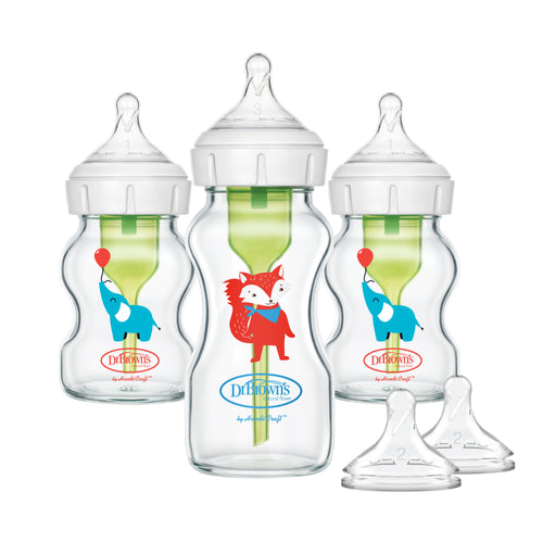 Dr Brown's Glass Anti-Colic Options+ Wide-Neck Baby bottle Gift Set, Elephant and Fox Decos