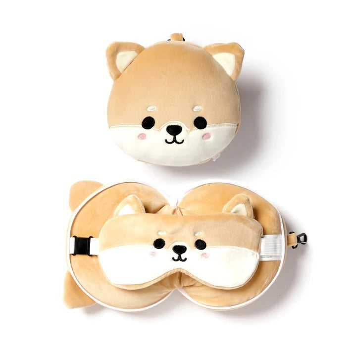 Travelmall 3D Shaped Travel Pillow & with Eye Mask Set - Shiba Inu