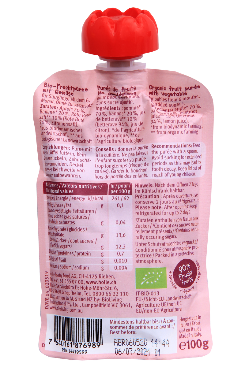 (Bundle of 6) Holle Organic Pouch - Zebra Beet , Apple & Banana with Beetroot 100g - From 6 Months