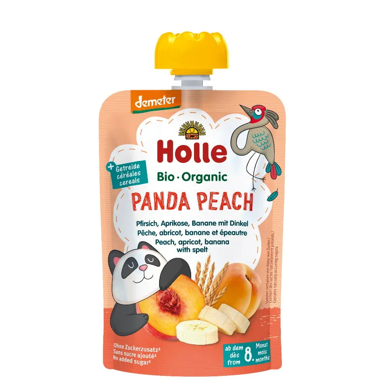 (Bundle of 6) Holle Organic Pouch - Panda Peach - Peach, Apricot & Banana with Spelt 100g - From 8 Months