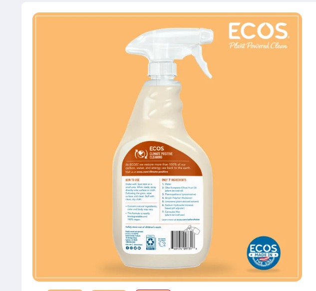 Ecos Furniture Polish + Cleaner - Orange 22oz/650Ml Exp: 08/27