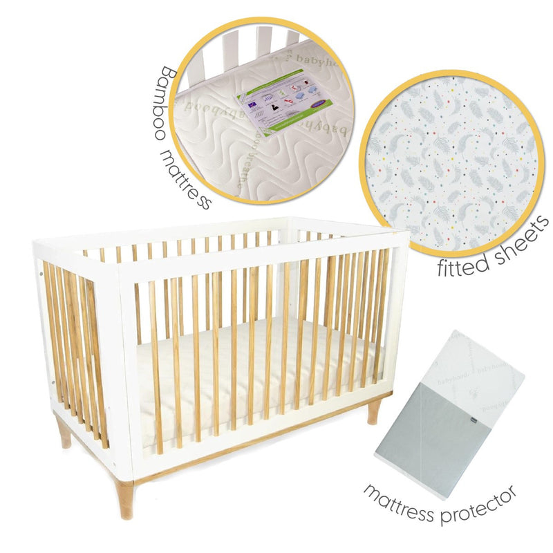 [1 Yr Warranty] Babyhood Riya Cot 5-in-1 White/Beech +Bamboo Innerspring - (Bundle Pack)