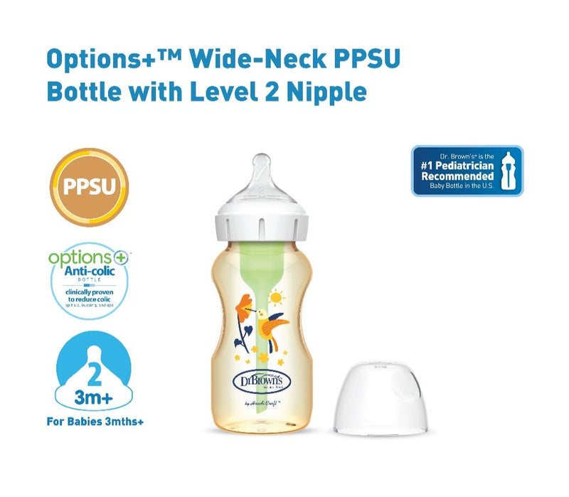 Dr. Brown’s 9 oz/270 ml PPSU Wide-Neck Options+ Bottle with Deco, 1-Pack