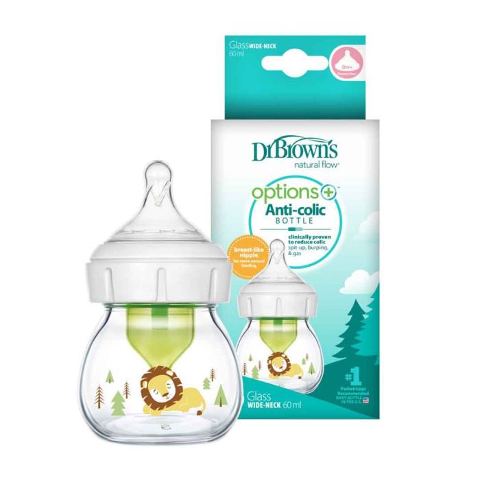 Dr Brown's 2 oz/60 mL Glass W-N Options+ Baby Bottle w/ Preemie Nipple, 1-Pack - Lion