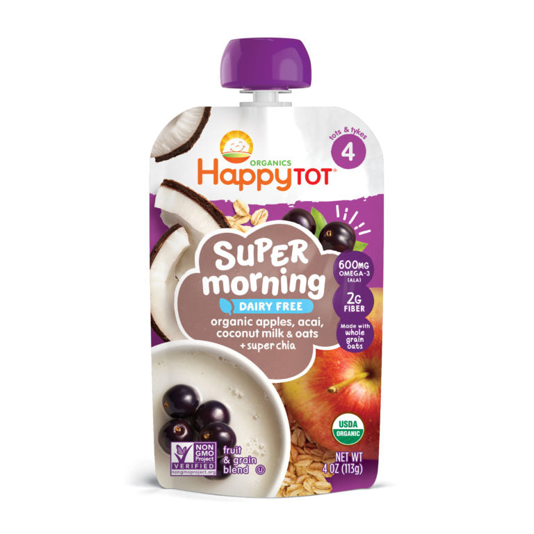 [2 Pack] Happy Baby Happy Family Happy Tot Super Morning - Organic Apples, Acai, Coconut Milk & Oats + Super Chia, 113 g (For 2yr up) Exp: 05/24