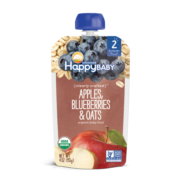 [2-Pack] Happy Baby Happy Family Happy Tot Clearly Crafted - Apples Blueberries & Oats, 113g. Stage 2 (For 6m up) Exp: 10/24