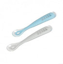 Beaba SET OF 2 silicone 1st age silicone spoon + Case (light Mist + Windy Blue)