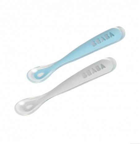 Beaba SET OF 2 silicone 1st age silicone spoon + Case (light Mist + Windy Blue)