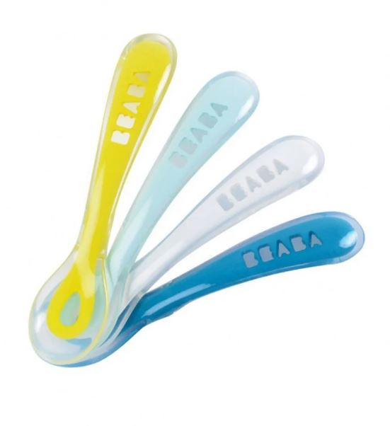 Beaba Set of 4 2nd age soft silicone spoons (assorted colors BLUE/WHITE/LAGOON/NEON)