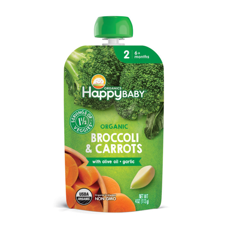 [2 Pack] Happy Baby Happy Family Happy Baby Organic Broccoli & Carrots with Olive Oil + Garlic, 113 g Exp: 04/24