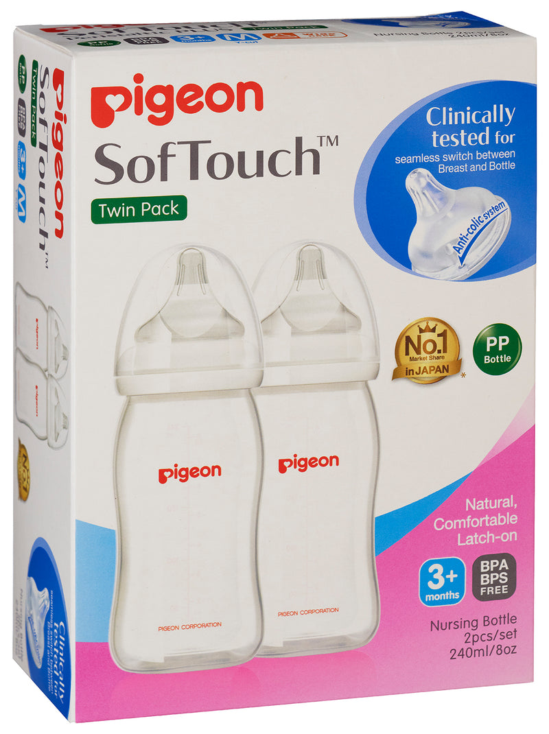 Pigeon SofTouch™ Peristaltic PLUS PP Bottle, Twin Pack Wide Neck Nursing Bottle 240ml/8oz (M Teat) 3m+