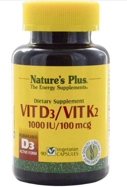 Nature's Plus Vitamin D3 1000 IU/Vitamin K2 100 mcg, 90 Vcaps.