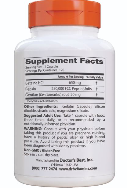 Doctor's Best Betaine HCl Pepsin & Gentian Bitters, 120 caps