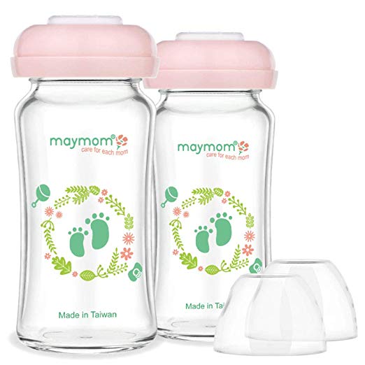 Maymom Wide Mouth Glass Bottles with Screw Ring, Sealing Disc, Dome Cap; No Nipple Included; Can use Avent Natural Nipple; Fits Avent Bottles 240mL 2pc/pk