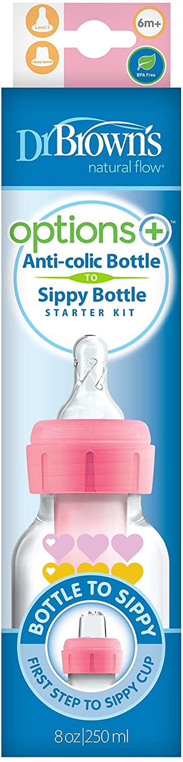 [Bundle of 2] Dr Brown's 8 oz/250 ml PP Narrow-Neck "Options+" Transition Bottle W/ Sippy Spout - Pink (1-Pack)