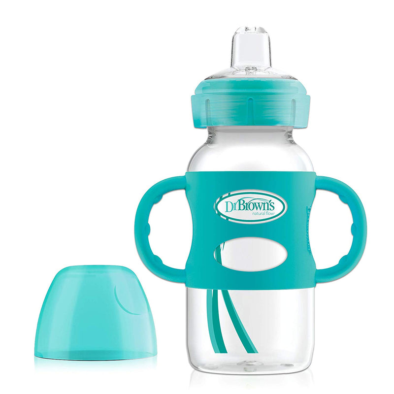 Dr Brown's 9 oz/270 ml PP WW "Options Compatible+" Sippy Spout Bottle W/ Silicon Handles, Turquoise