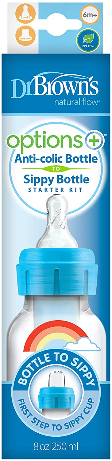 [Bundle of 2] Dr Brown's 8 oz/250 ml PP Narrow-Neck "Options+" Transition Bottle W/ Sippy Spout - Blue (1-Pack)