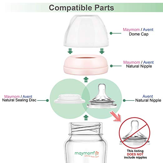 Maymom Wide Mouth Glass Bottles with Screw Ring, Sealing Disc, Dome Cap; No Nipple Included; Can use Avent Natural Nipple; Fits Avent Bottles 240mL 2pc/pk