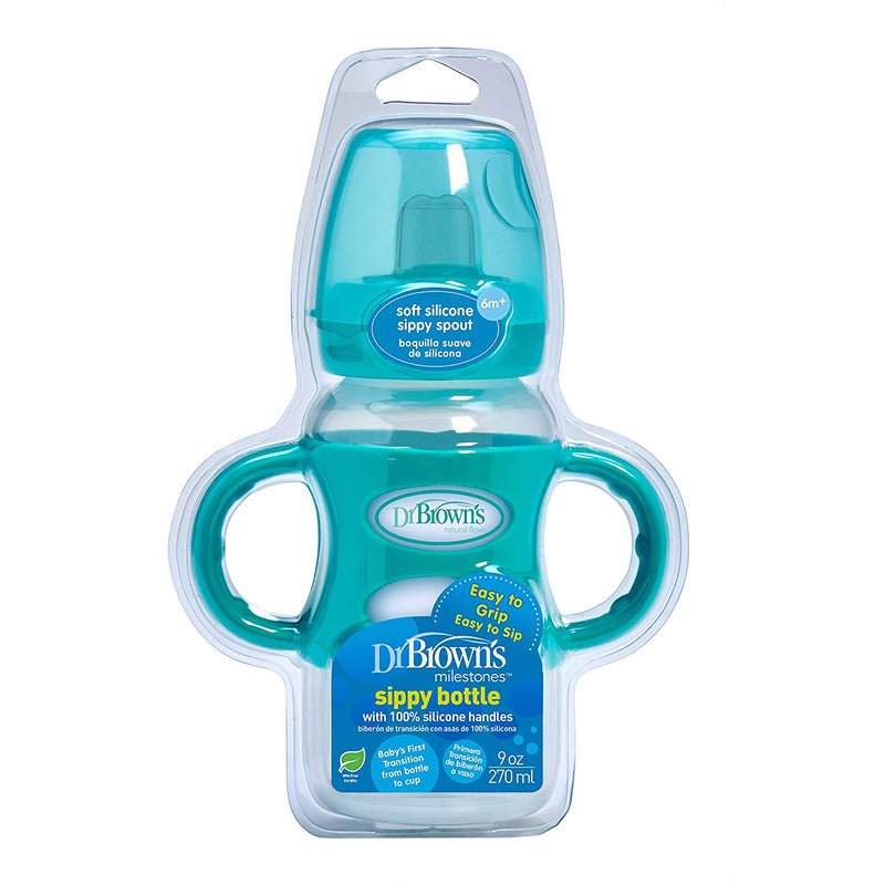 Dr Brown's 9 oz/270 ml PP WW "Options Compatible+" Sippy Spout Bottle W/ Silicon Handles, Turquoise