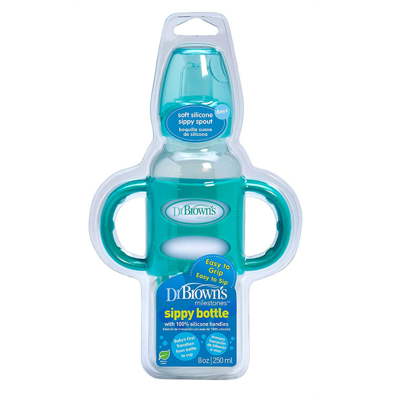 [2-Pack] Dr Brown's 8 oz/250 ml PP NN"Options Compatible" Sippy Spout Bottle W/Silicone Handles - Turquoise