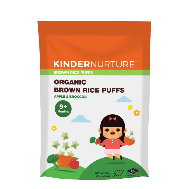 KinderNurture Organic Brown Rice Puffs 40g - Apple & Broccoli EXP: