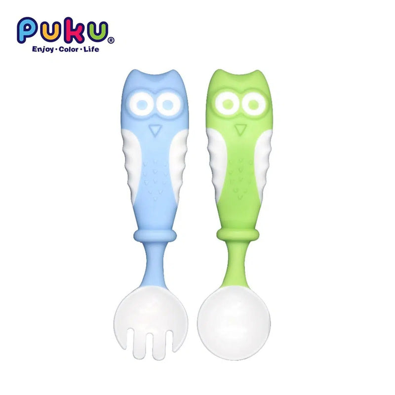 Puku 4pcs Set Suction Bowl (Blue) + Spoon and Fork Set - Blue/Green (Bundle Pack)