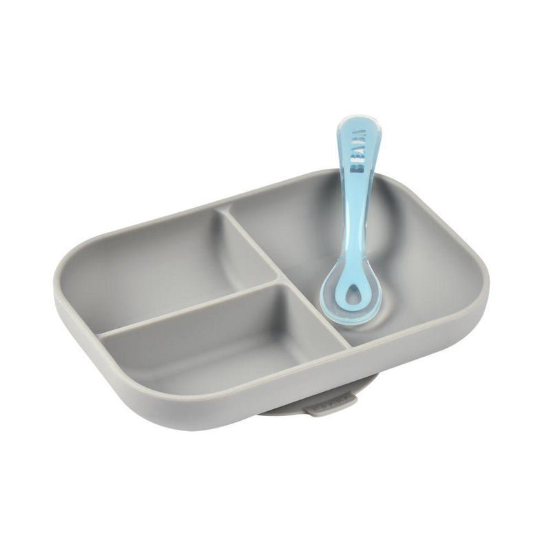 Beaba Silicone suction divided plate + 2nd age spoon - Grey