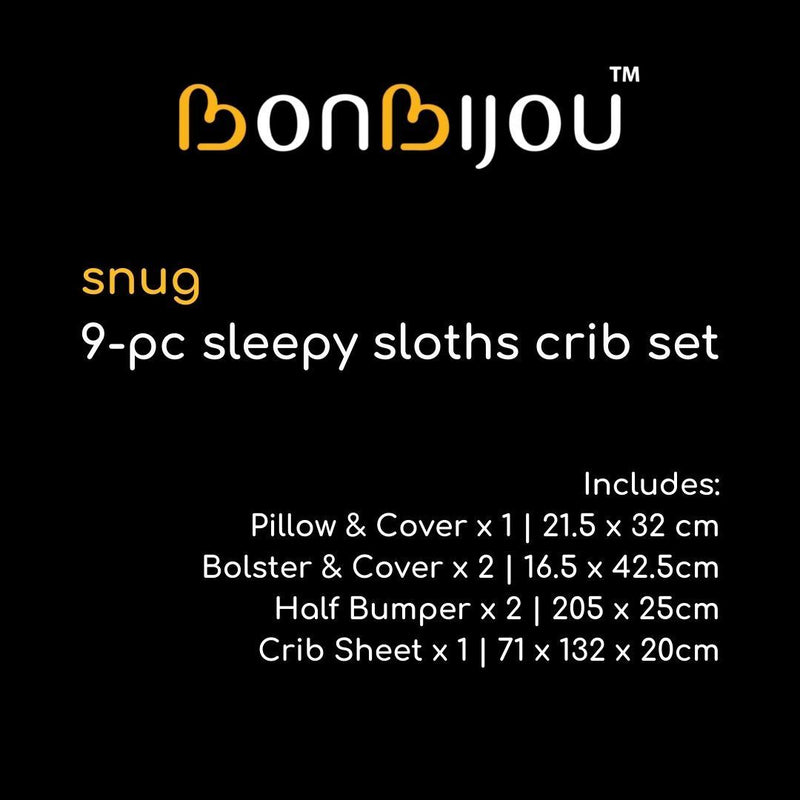 Bonbijou Snug 9Pcs 100% Cotton Bedding Set - Sleepy Sloths