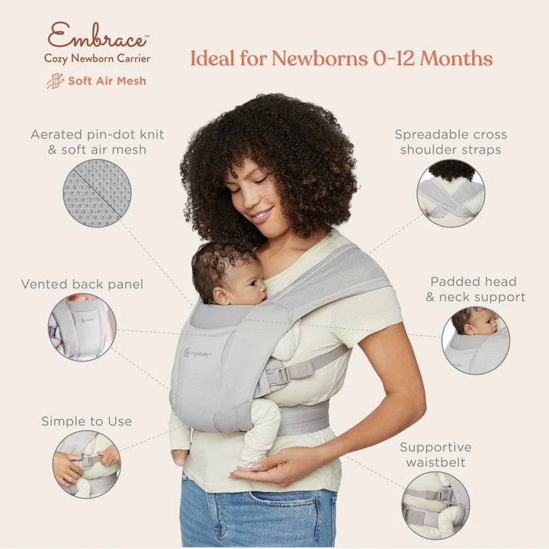[10 year local warranty] Ergobaby Embrace Soft Air Mesh Newborn Baby Carrier - Soft Grey