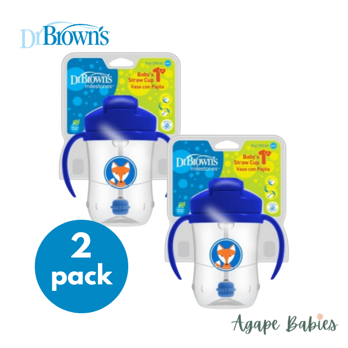 [Bundle Of 2] Dr Brown's 9 oz/270 ml Baby's First Straw Cup W/Handles - Blue (6m+)