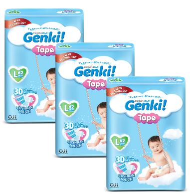 Nepia Genki Mega Pack Tape Diapers L62 (3 Packs / Cartoon) - FOC Showa Baby Wipes 99.5% Water 80s x 3packs