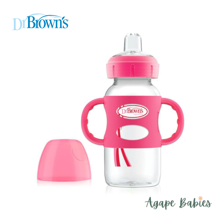 Dr Brown's 9 oz/270 ml PP WW "Options Compatible+" Sippy Spout Bottle W/ Silicon Handles, Pink, 1-Pack